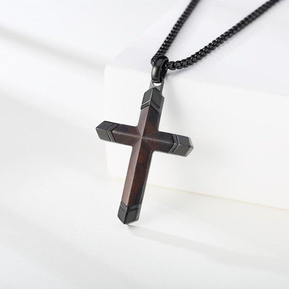Men's 24" Black Christian Wooden Cross Stainless Steel Box Chain Pendant - Picture 5 of 8